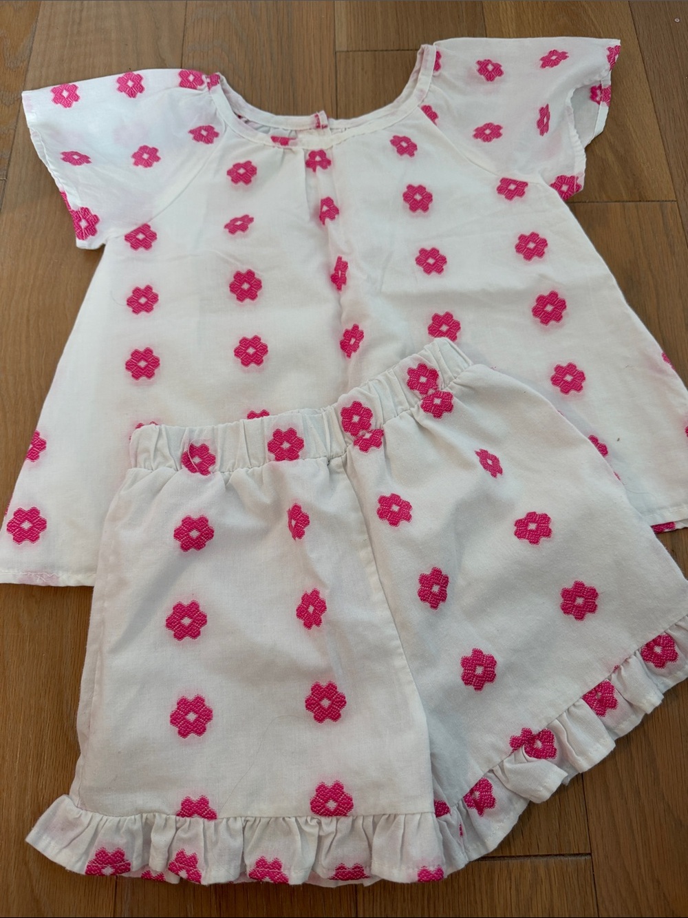 Rachel Zoe White Pajama Set with Hot Pink Floral Embroidery